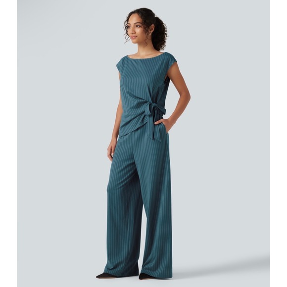 HALARA Pants - Halara Teal Pinstripe Boat Neck Sleeveless Tie Side Wide Leg Work Jumpsuit M